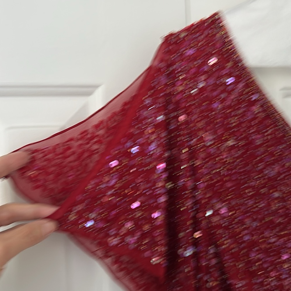 Vintage Papell Boutique Top 1X, Red Silk Embellished V Plunge, Flutter Sleeves - Picture 3 of 8